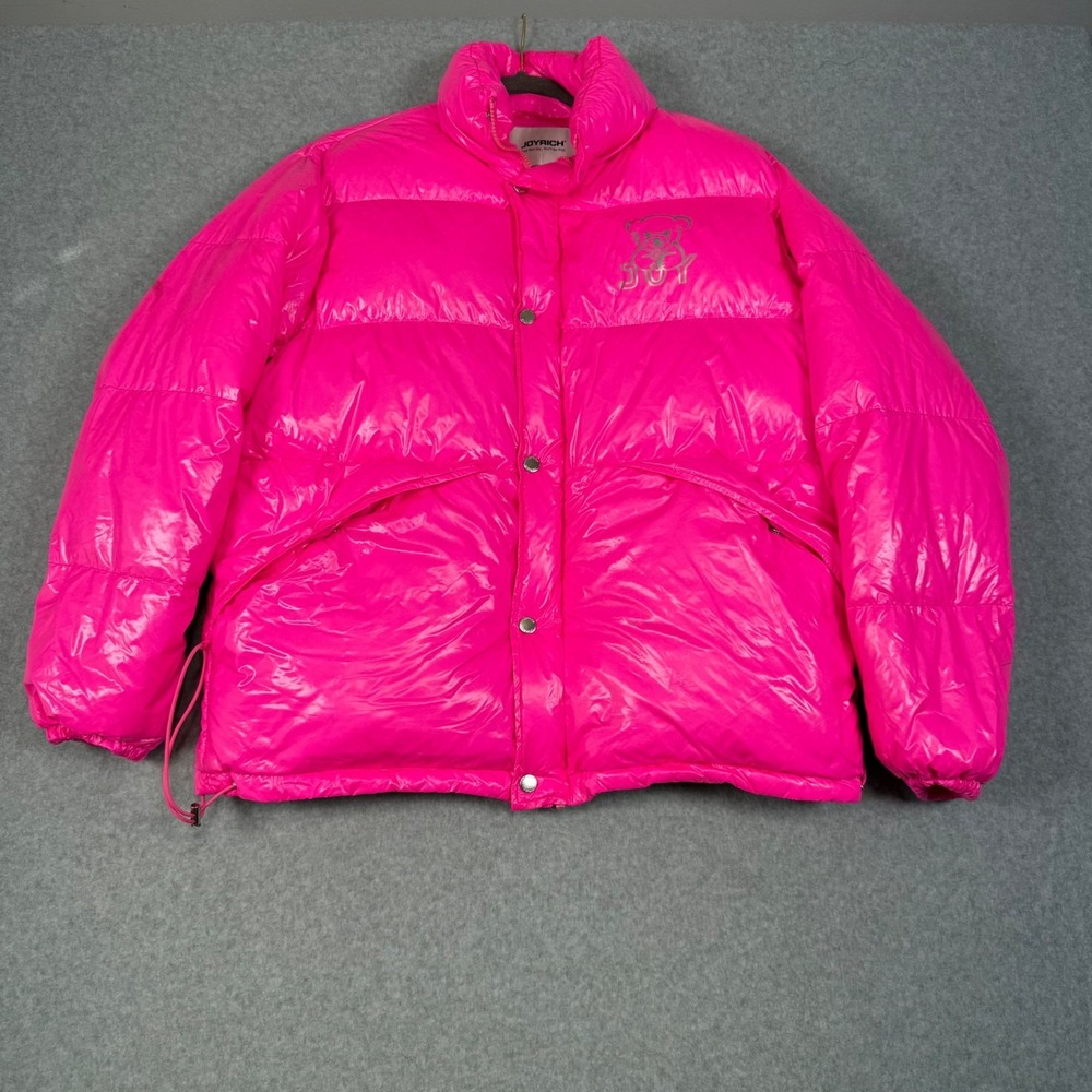 Joyrich Neon Pink Puffer Jacket Shiny Duck Down Bear Logo Streetwear Womens S